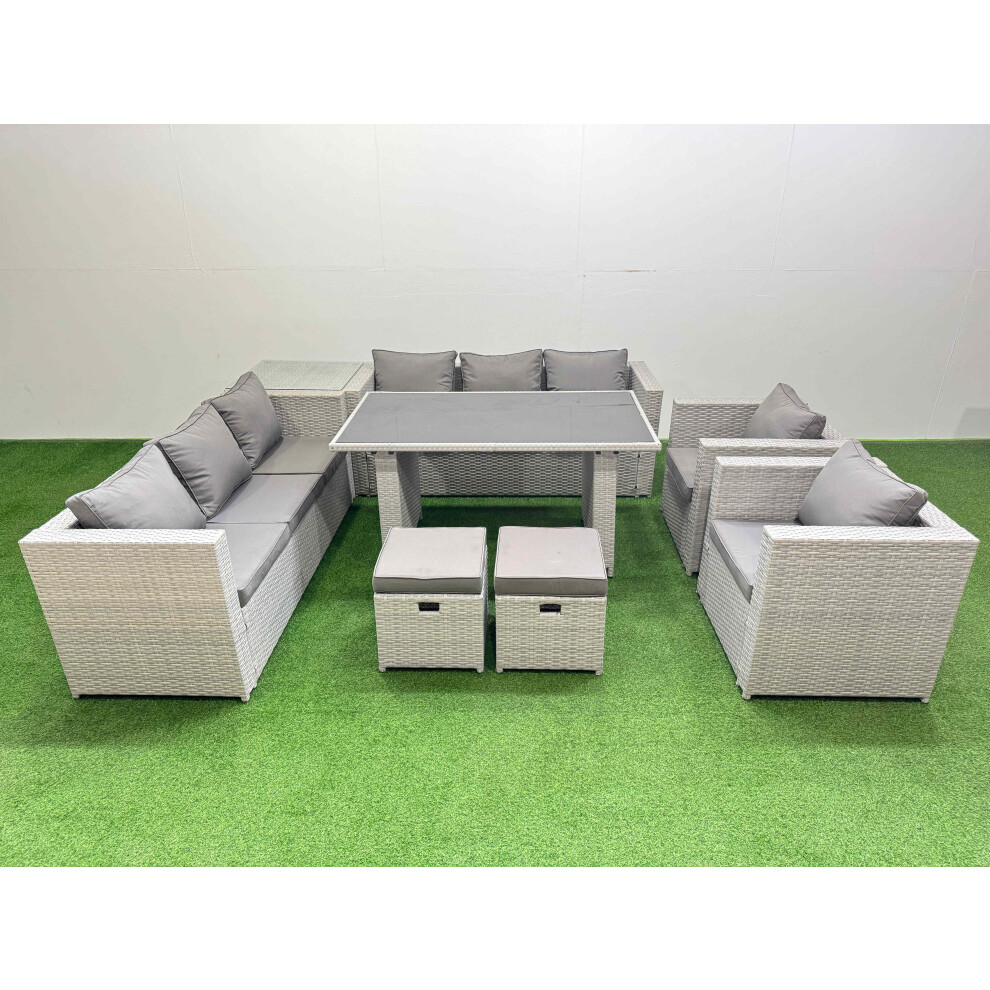 Fimous 10 Seater Wicker PE Rattan Furniture Outdoor Dining Table 3 Seater Sofa Armchair Set with Side Table 2 Small Stools Light Grey
