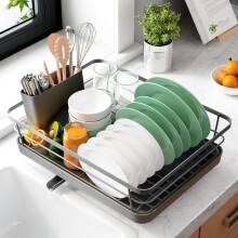 Space-Saving Stainless Steel Dish Drainer Rack with Cutlery Holder – Grey, Rotating Water Outlet, Sturdy Countertop Drying Rack for 6 Plates