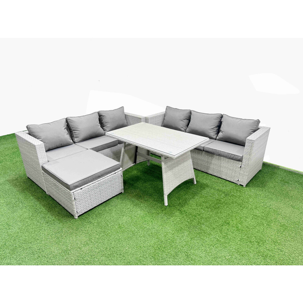 Fimous Rattan Garden Furniture Dining Set 7-seater Patio Rectangular Table 3 Seater Sofa Set with Big Stool Light Grey