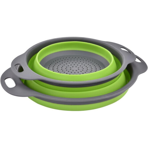 Colander Set, Kitchen Foldable Silicone Filter, Silicone Colander Easy To Clean, 2 Sizes (S+L) (Green)