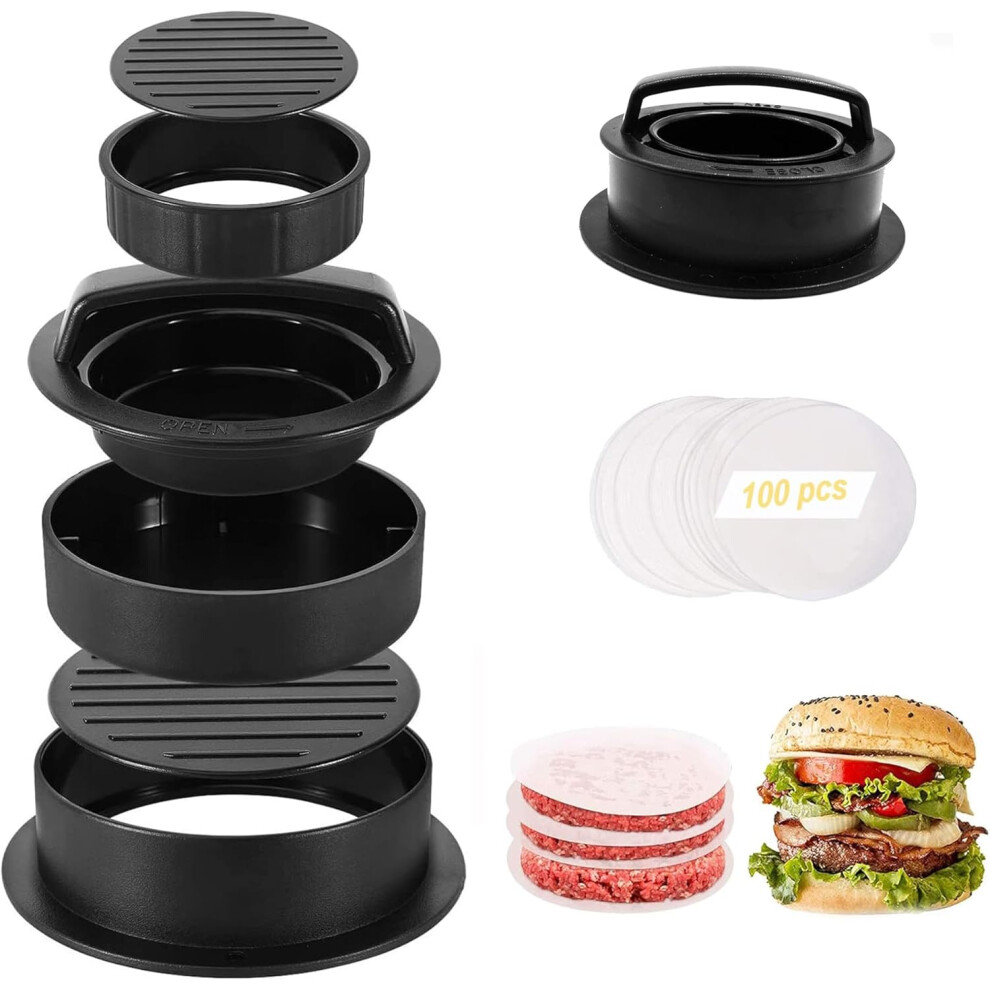 Yao96266 3-In-1 Nonstick Burger Press Kit With 100 Wax Paper - Stuffed Patties, Sliders & Beef Burgers (Black) Black