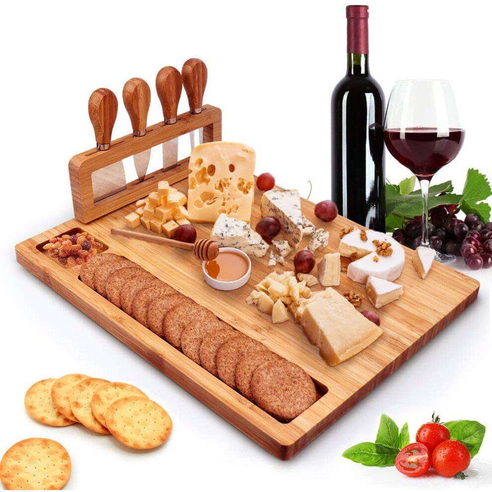 Yao96266 Bamboo Cheese Board Knife Set Charcuterie Platter And Serving Meat Board, Wooden Serving Platter, For Party Christmas Wedding Birthday Anniversary