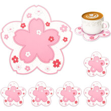 6 PCS Flower Coasters For Drinks, Sakura Coasters Non-Slip Washable Reusable Heat Resistant Silicone Coasters (Pink)