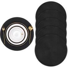 6PCS 38CM Woven Round Placemats, Heat Insulation Non Slip Braided Dinner Table Mats Kitchen Place Mats For Hotel Wedding Party Holiday, Black