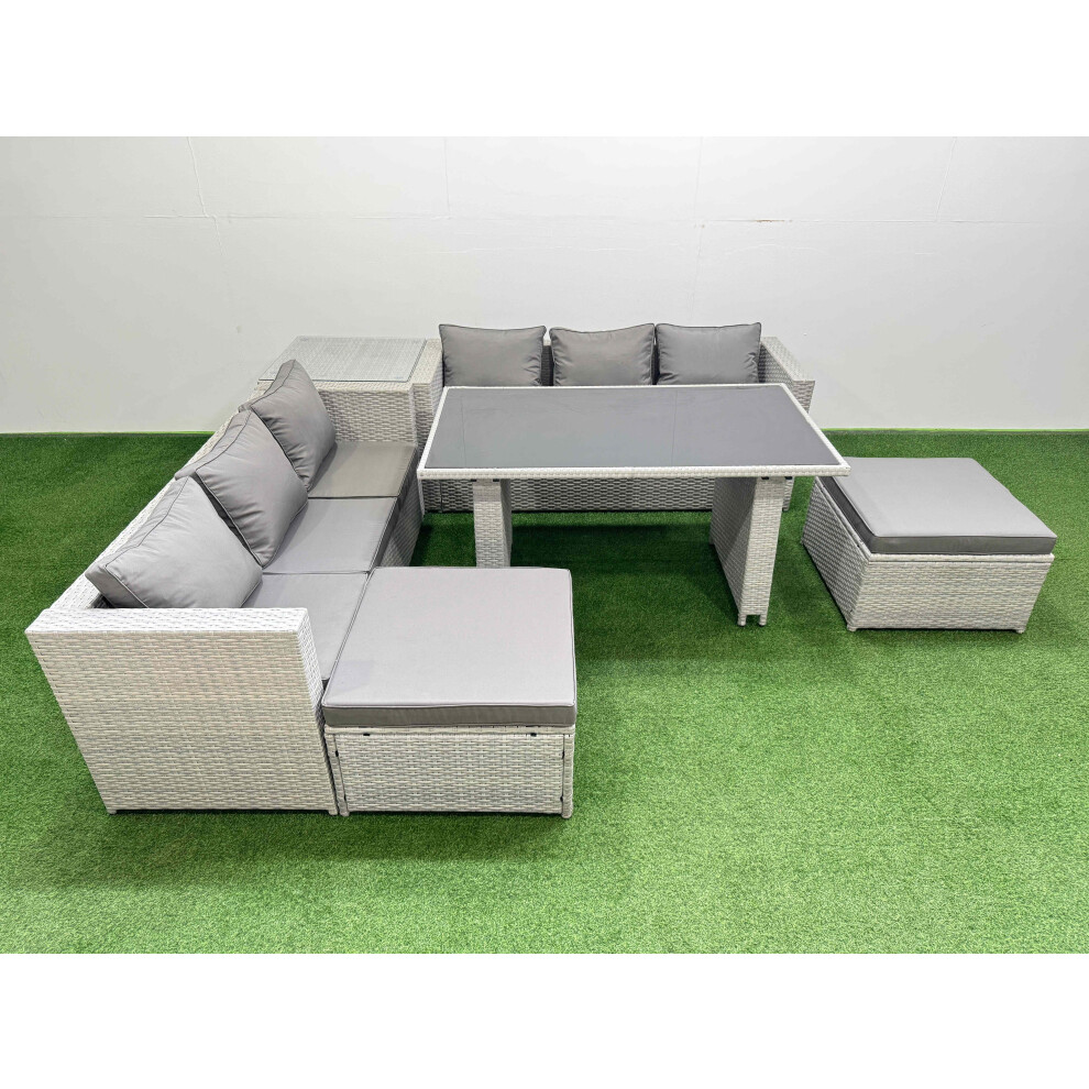 Rackhams Light/Grey Rattan Garden Furniture Dining Set 8 Seater Patio Rectangular Table Sofa Set With Side Table 2 Big Stools - Image 2