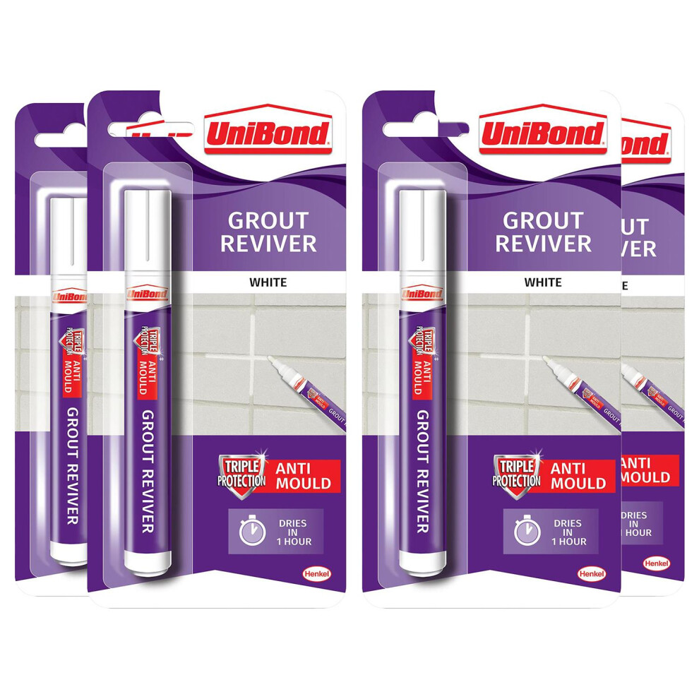 Unibond Easy to Use Triple Protection Anti-Mould Grout Reviver Pen 7ml, 4 Pack