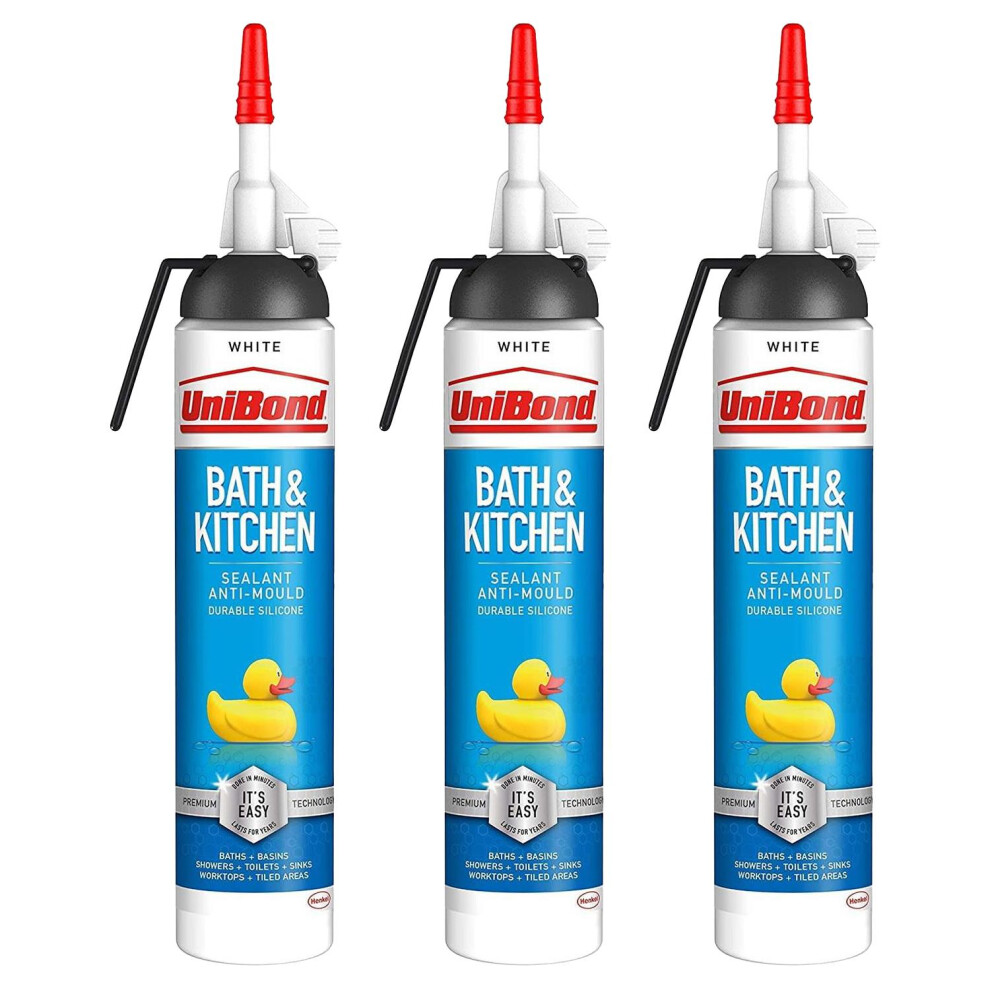 UniBond Mould Resistant Bath & Kitchen Silicone Sealant White, 208g, 3pk