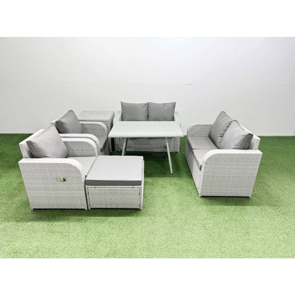Fimous 7 Seater Rattan Garden Furniture Set Outdoor Love Sofa Set with Rectangular Dining Table Side Table Big Footstool Light Grey