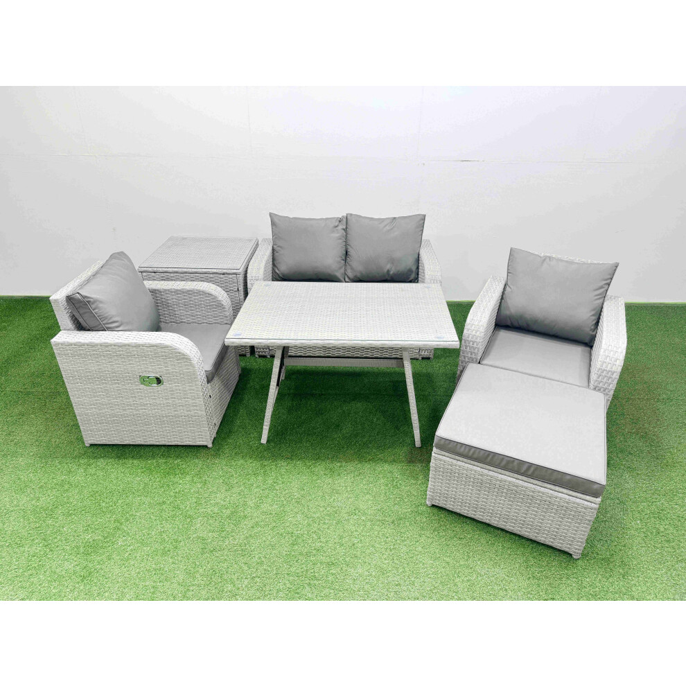 Fimous Light Grey Pe Wicker Rattan Garden Furniture Set Sofa Set Reclining Chair Love Sofa Rectangular Dining Table Big Stool Side Table