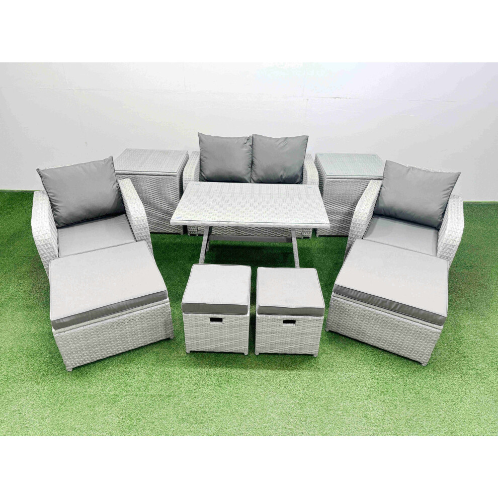 Fimous Rattan Garden Furniture Dining Set 8-seater Patio Rectangular Table Sofa Set with 2 Side Tables 4 Stools Light Grey-image-OPC-PH82G86-NEW