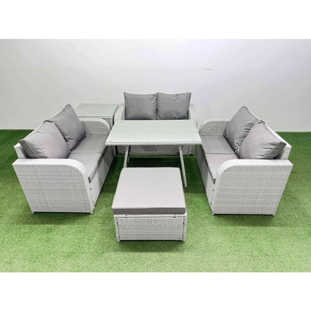 Rackhams Dark/Grey Rattan Garden Furniture Dining Set 7 Seater Patio Rectangular Table Love Sofa Set With Side Table Big Stool - Image 2