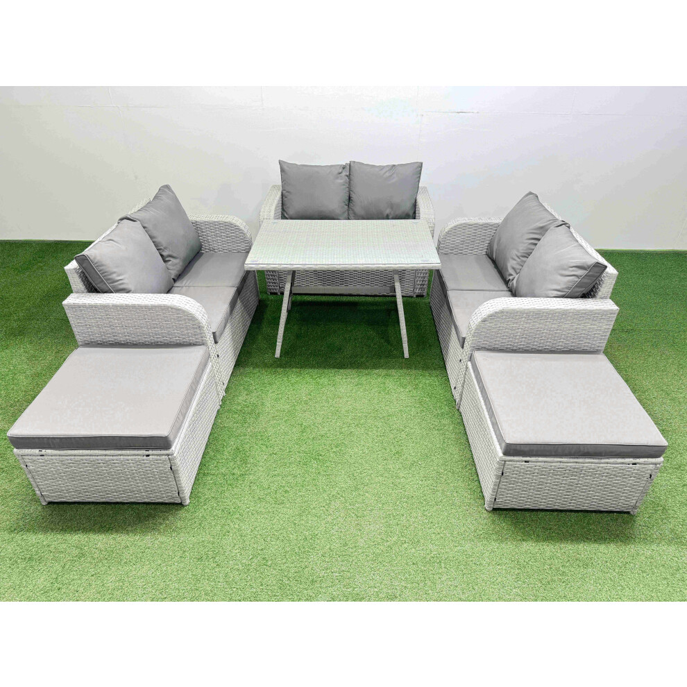 Fimous Rattan Garden Furniture Dining Set 8 Seater Patio Rectangular Table Love Sofa Set With 2 Big Stools - Image 2