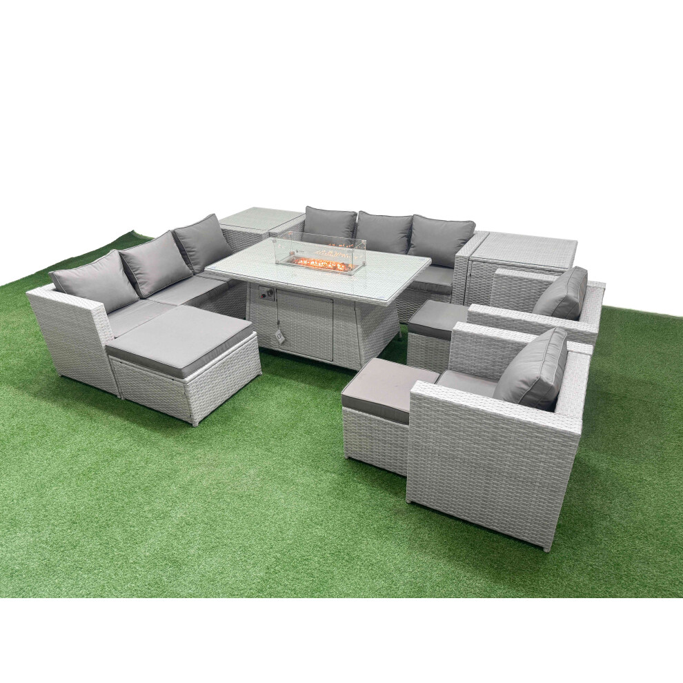 Fimous Light/Grey 11 Seat Pe Rattan Lounge Sofa Set Outdoor Garden Furniture Set With Fire Pit Dining Table 3 Seater Sofa 3 Footstools 2 Side Table - Image 2