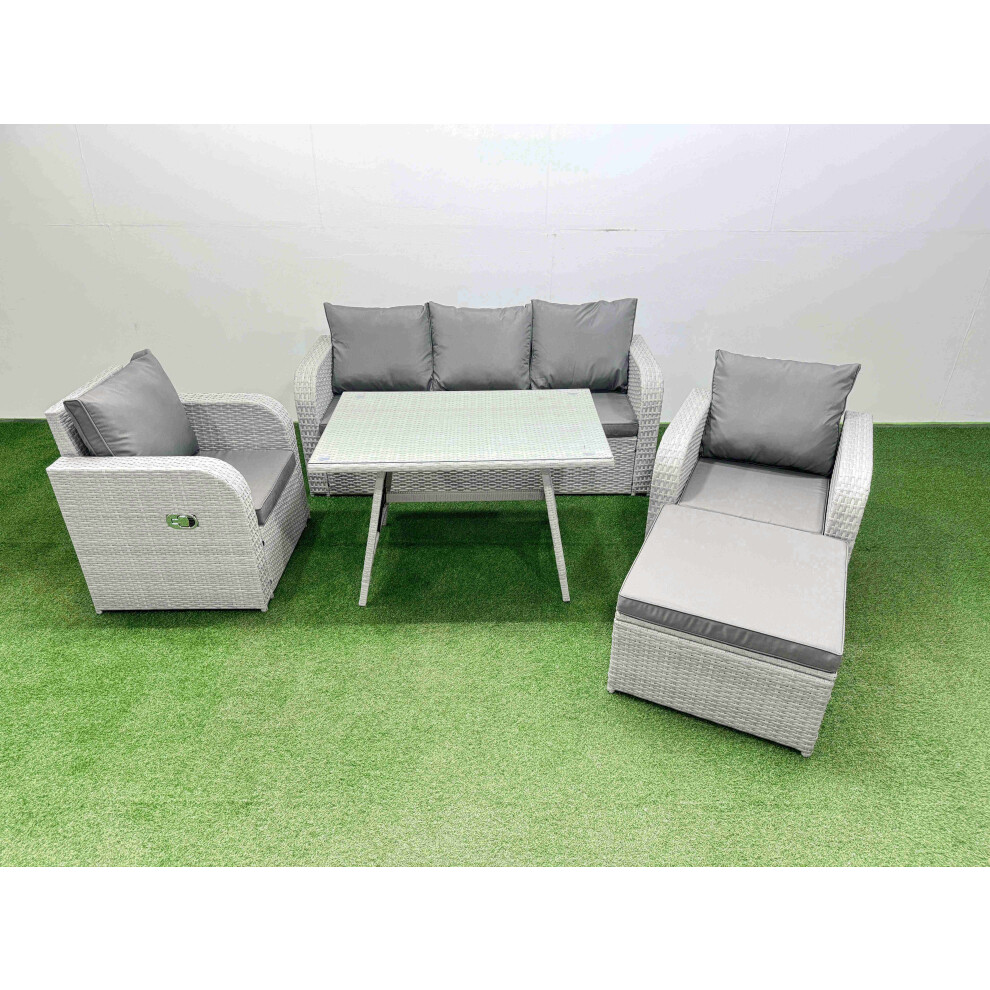 Fimous Reclining Chair 3 Seat Sofa Set Garden Furniture Set With Rectangular Dining Table Big Footstool Light Grey