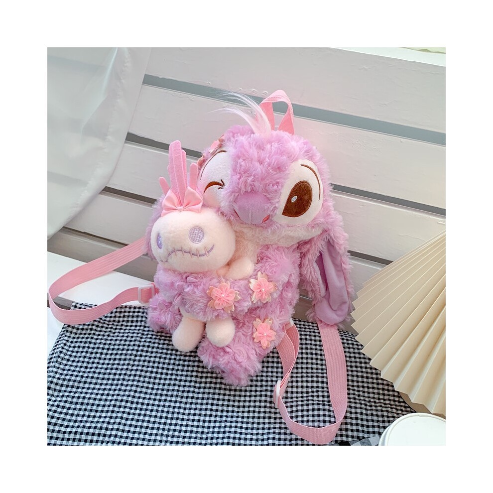 (Pink) Lilo Stitch Pink Blue Plush Bags Cute Cartoon Backpack Gifts Zipper Children