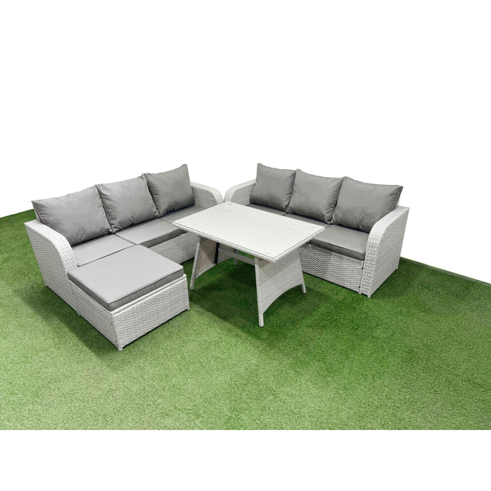 Fimous Patio Dining Table & Chairs Set Rattan High Back Lounge Sofa Set With 3 Seater Sofa Big Stool Light Grey