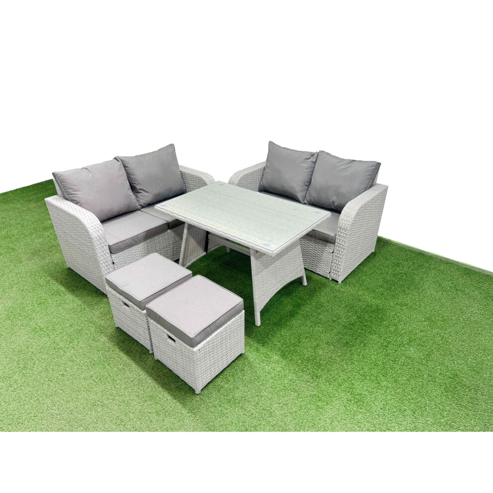 Fimous Light/Grey 6 Seater Outdoor Love Sofa Set Rattan Garden Furniture Set With Rectangular Dining Table 2 Small Footstool - Image 2