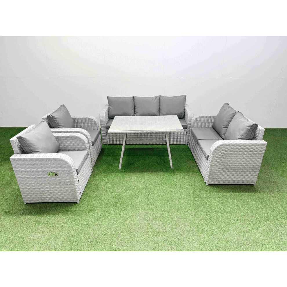 Fimous Pe Rattan Garden Furniture Set Outdoor Rectangular Dining Table Sofa Set Light Grey