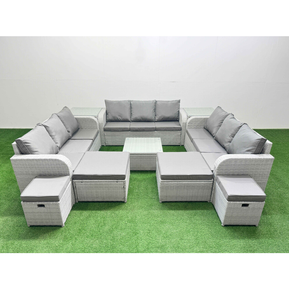 Fimous 13 Seater Outdoor Garden Furniture Set PE Rattan Lounge Sofa Set with Coffee Table 3 Seater Sofa 4 Footstools 2 Side Tables Light Grey