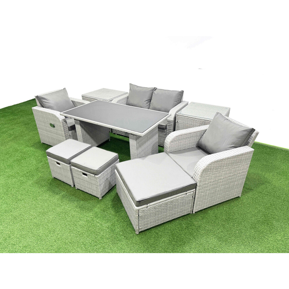 Fimous Outdoor Rattan Garden Furniture Dining Set 7-seater Patio Rectangular Table Love Sofa Reclining Chair Set with 2 Side Tables 3 Stools
