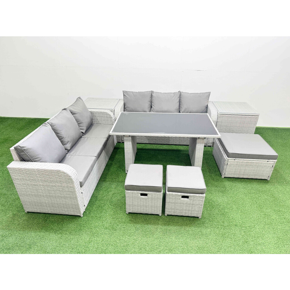 Fimous Light/Grey 9 Seater Rattan Outdoor Dining Table 3 Seater Sofa Set With 2 Side Tables 3 Stools - Image 2