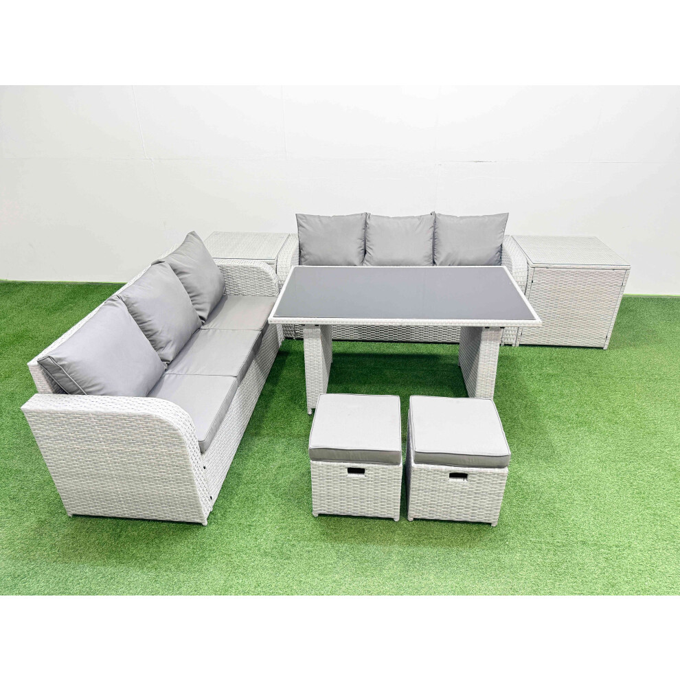 Fimous 8 Seater Rattan Outdoor Dining Table 3 Seater Sofa Set with 2 Side Tables 2 Small Stools Light Grey-image-OPC-PH82FQP-NEW