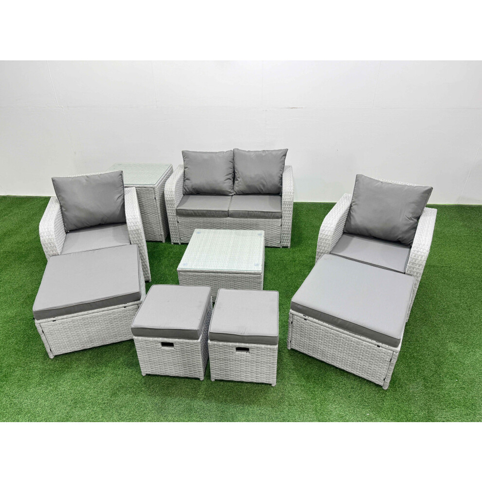 Fimous Outdoor Garden Furniture Set PE Rattan Love Sofa Reclining Chair Set with Coffee Table 4 Footstools Side Table Light Grey