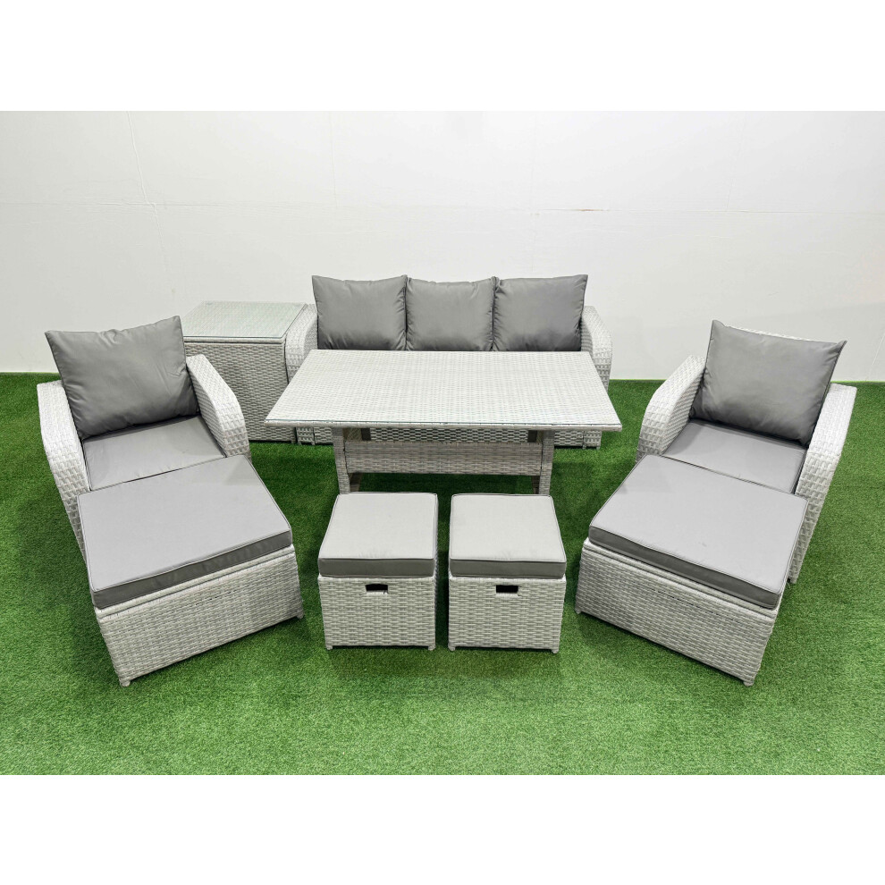 Fimous PE Rattan Lounge Sofa Set 9 Seater Outdoor Garden Furniture Set with Dining Table 3 Seater Sofa 2 Big Footstools Side Table Light Grey