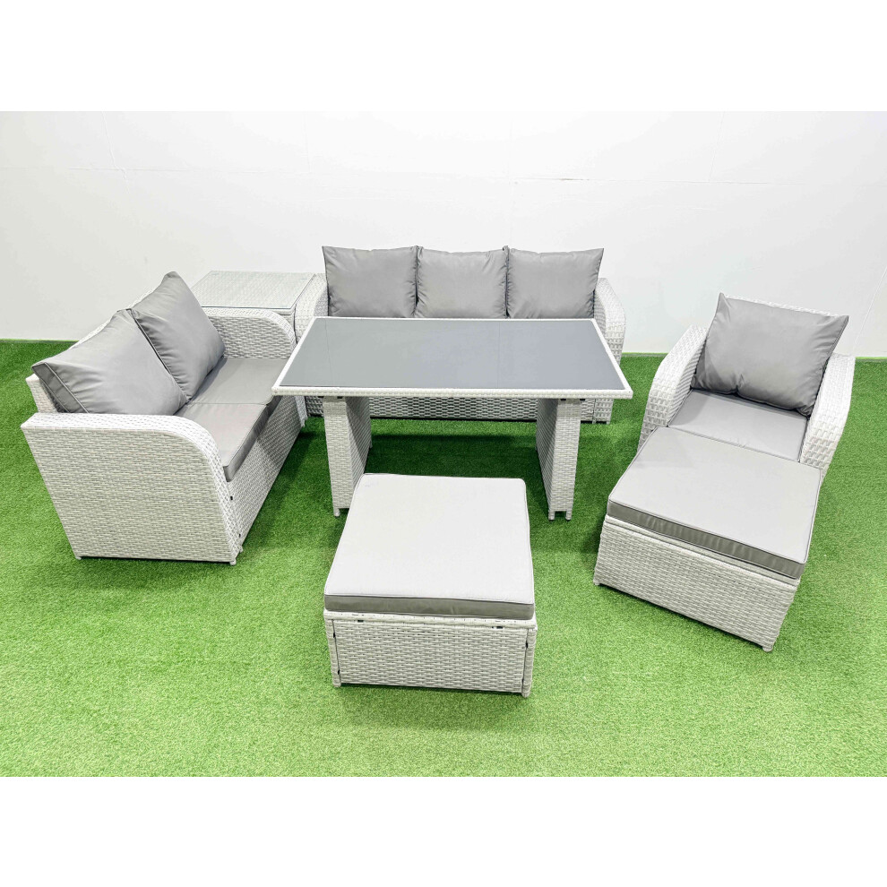 Fimous Light/Grey Rattan Outdoor Table Reclining Chair Sofa Set With Side Table 2 Big Stools 8 Seater - Image 2