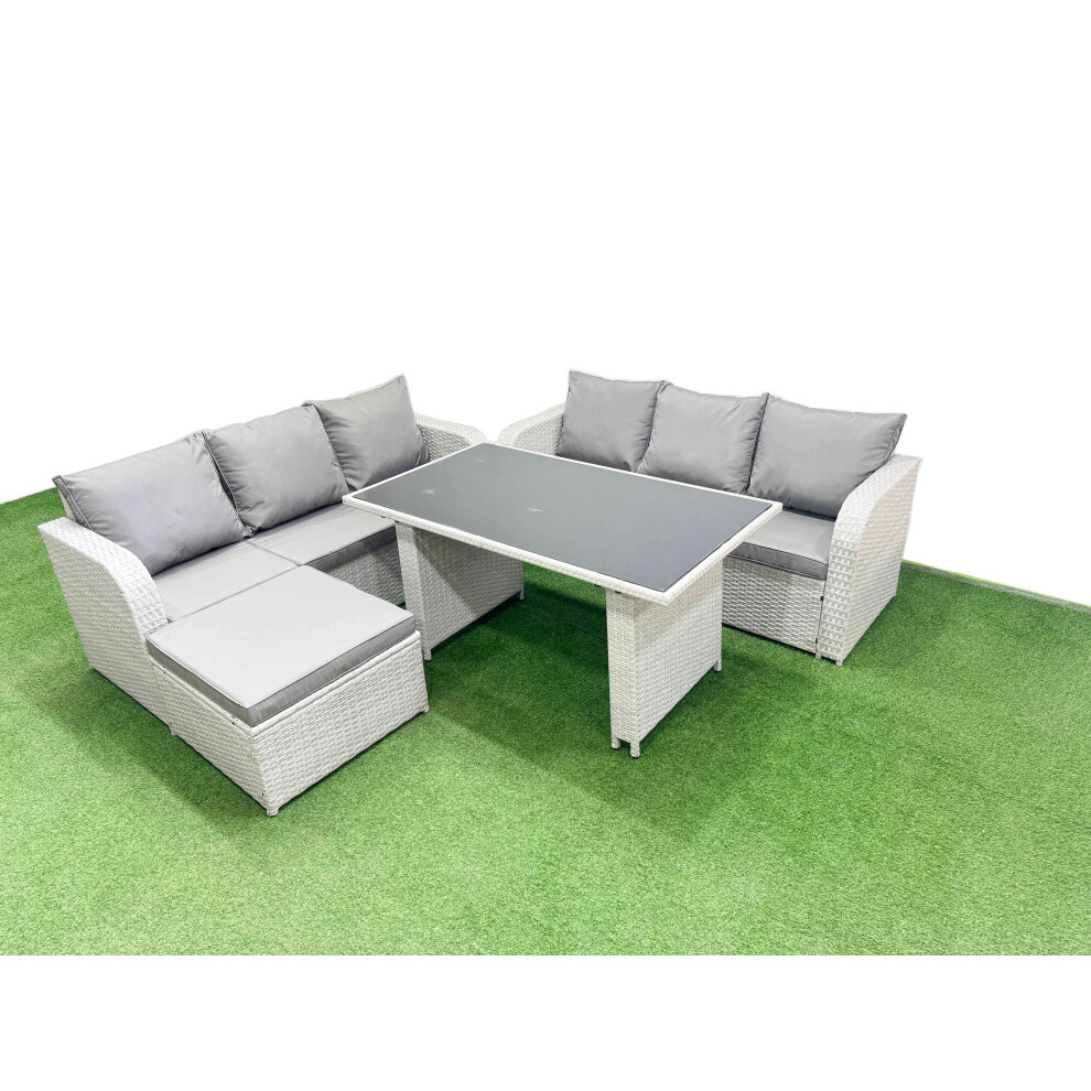 Fimous 7 Seater Rattan Outdoor Dining Table 3 Seater Sofa Set with Big Stool Light Grey