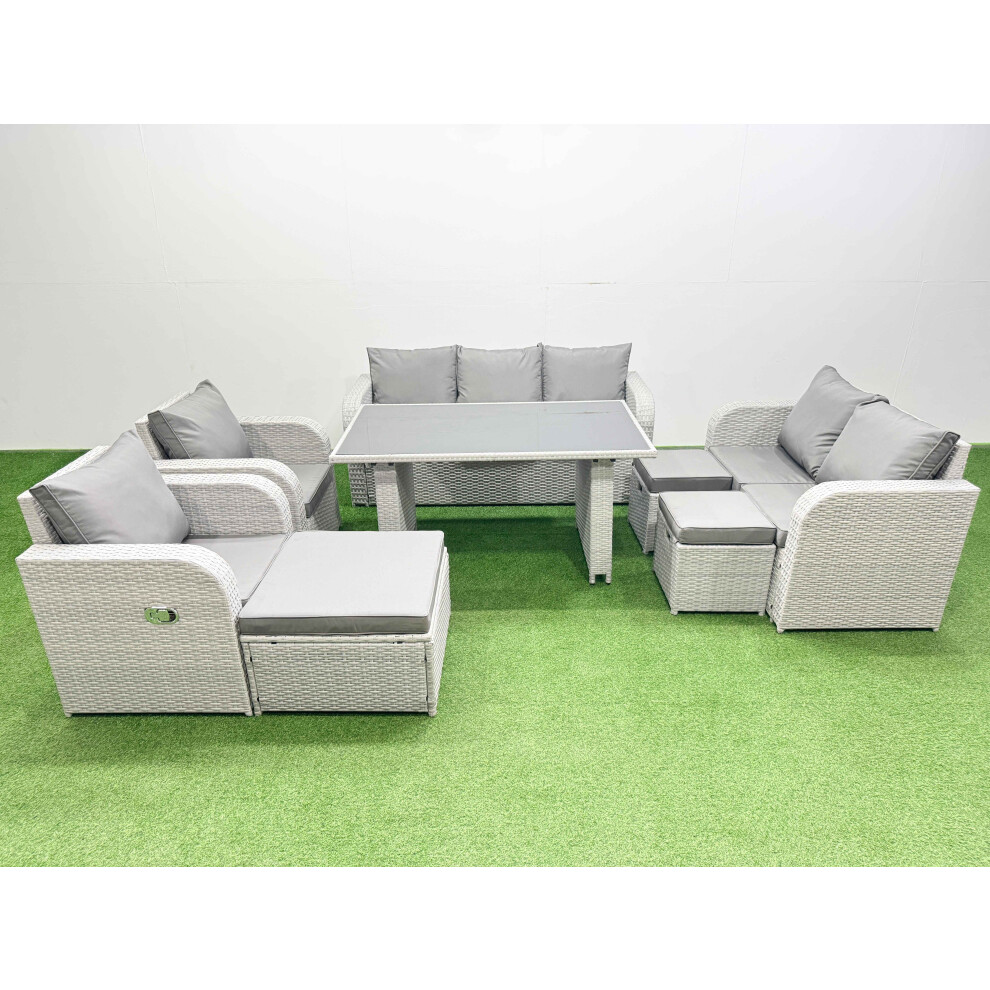 Fimous 10 Seater Garden Furniture Set PE Ratten Garden Sofa Set with Rectangular Dining Table 3 Stool Light Grey