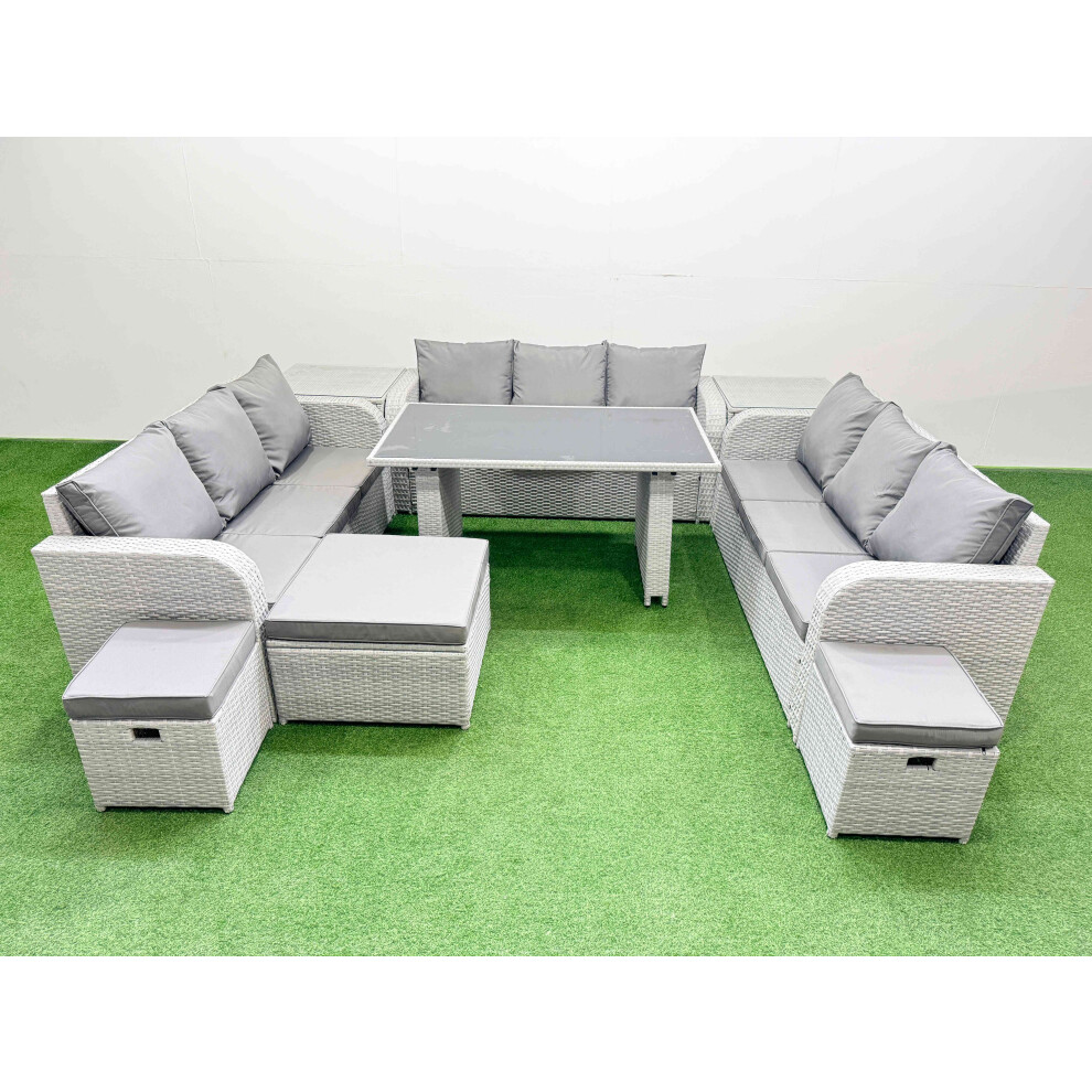 Fimous Patio Garden Furniture Sets with Black Glass Top Dining Table 3 Seater Sofa 2 Side Tables 3 Stool Light Grey