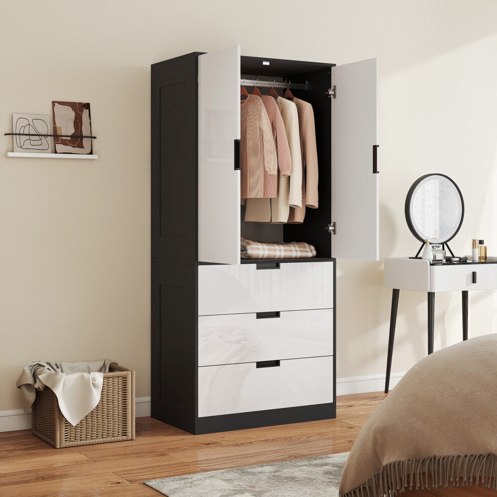 HOMCOM Modern Wardrobe White Wardrobe with 3 Drawer and Hanging Rod
