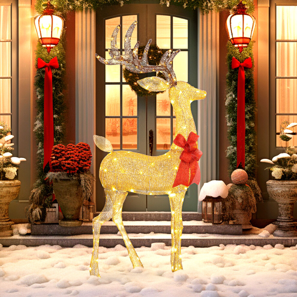 Outsunny Lighted Reindeer Christmas Decoration W/ Stakes Zip Ties Gold Tone