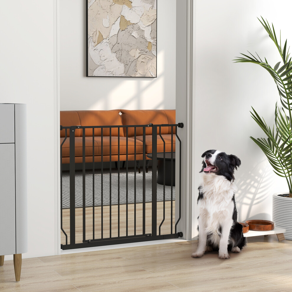Pawhut Dog Gate Wide Stair Gate W/ Door Pressure Fit, 75-95W Cm, Black