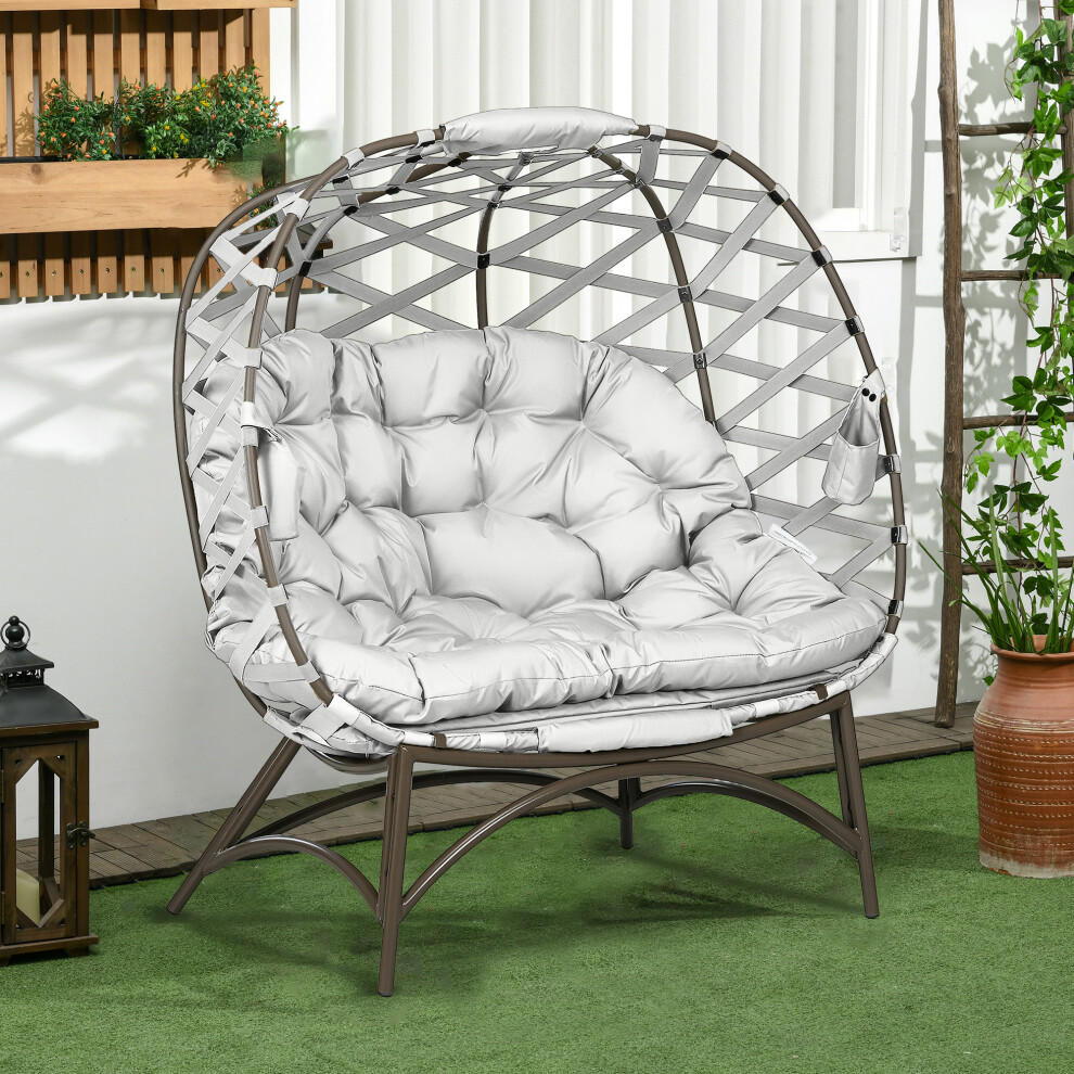 Outsunny 2 Seater Egg Chair Outdoor with Cushion, Cup Pockets - Light Grey