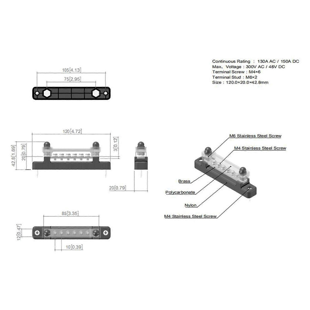 (As Show, One Size) 6 Terminal Single-Row Bus Bar 150A Busbar Block With Cover, Ground Distribution, Power Distribution Terminal Block With 6 M4 Screw 6909775972403
