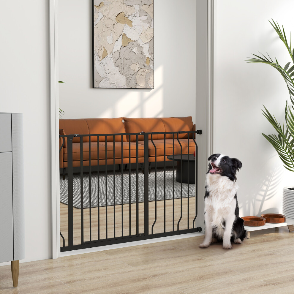 Pawhut Dog Gate Wide Stair Gate W/ Door Pressure Fit, 75-115W Cm, Black