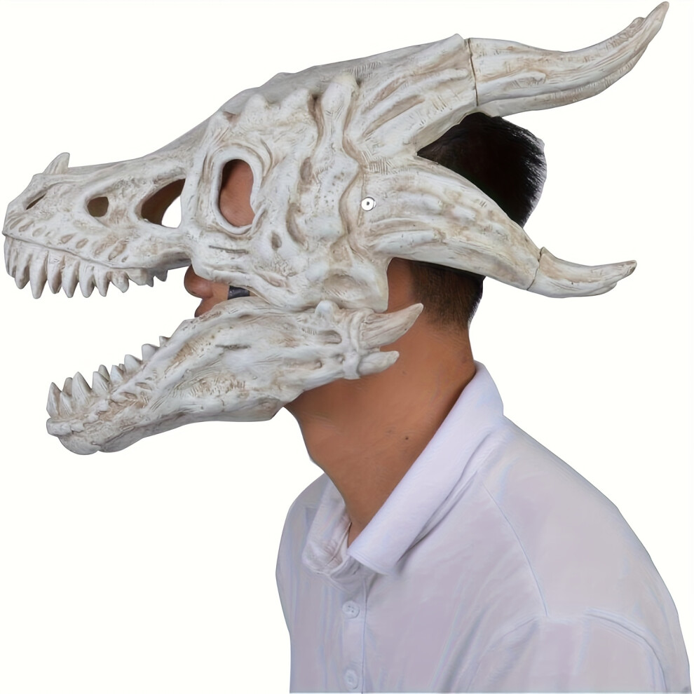 Bghone Dragon Head Skeleton Mask With Diy Painting, Articulated Jaw - Realistic Dinosaur Costume Accessory White
