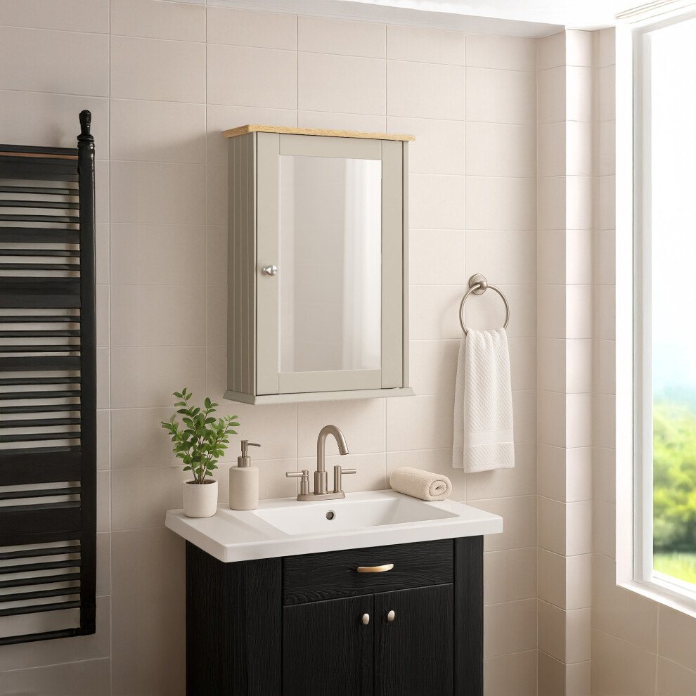 (Grey & Oak) Priano 1 Door Mirrored Wall Bathroom Cabinet