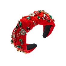 (Red) Christmas Rhinestone Headband Crystal Knotted Beaded Jeweled Headbands for Women Girls Xmas Tree Socks Top Hairband Christmas Hair Band