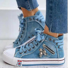 (41)Women Skull Zip Decoration Denim Sneakers Casual High Top Canvas Shoes