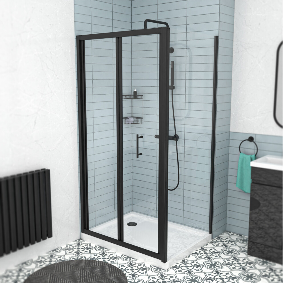 Nes Home Black 900mm Bi-fold Shower Door, 700mm Side Panel Tempered Glass
