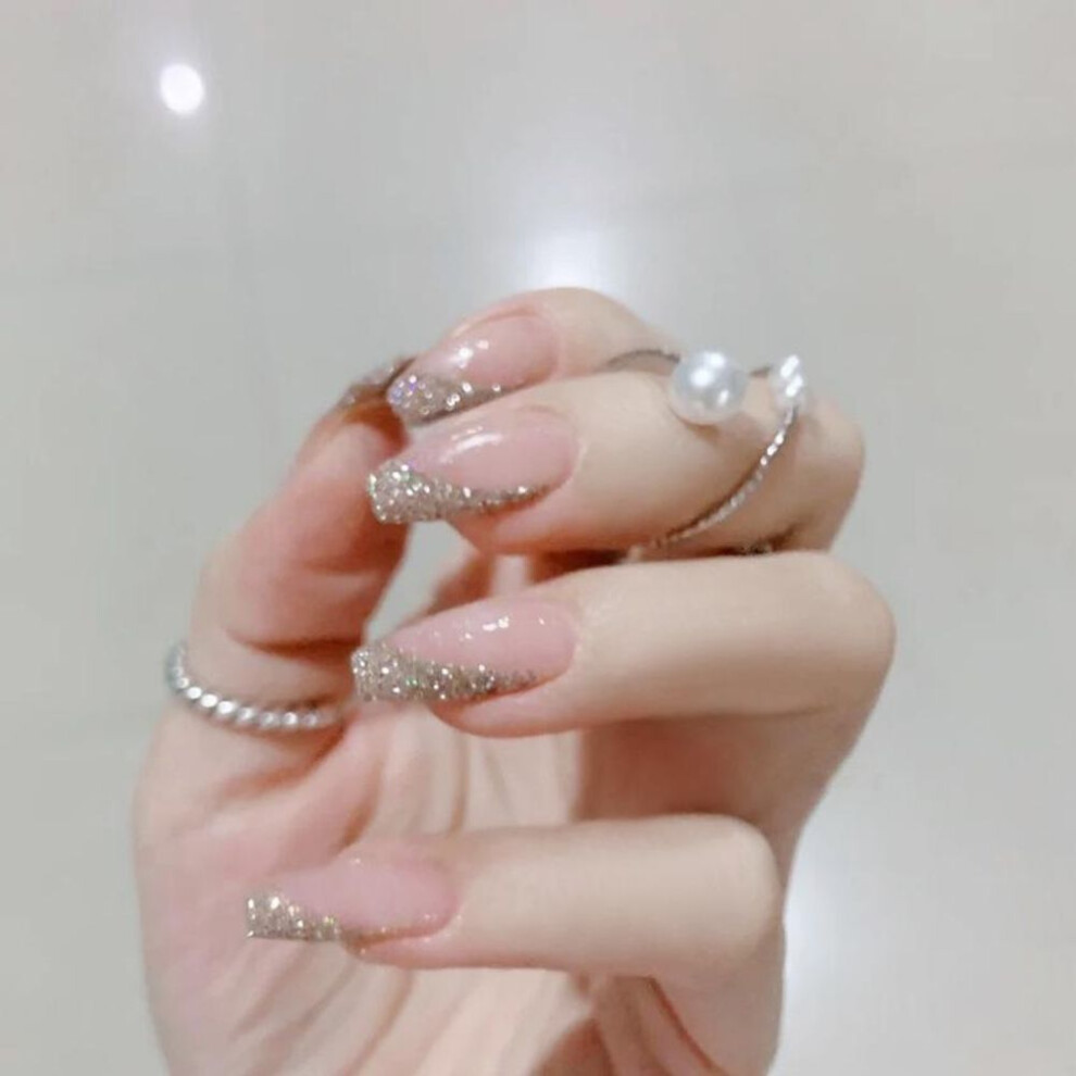 24pcs Jelly Long Nail Piece Adhesive Flat Tip Manicure Patch With Glue Glittery Nude False Nails Save Time Nail Patch