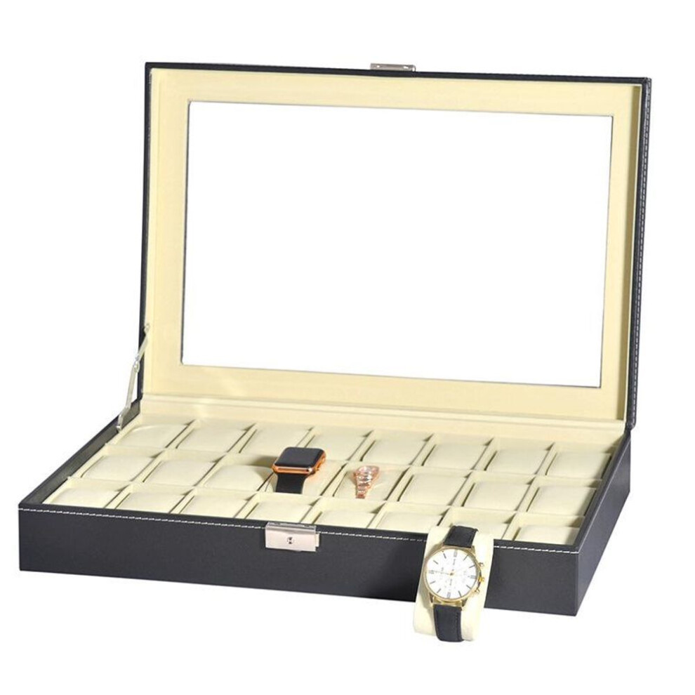 24-Slot Leather Watch Display and Storage Box with Glass Top