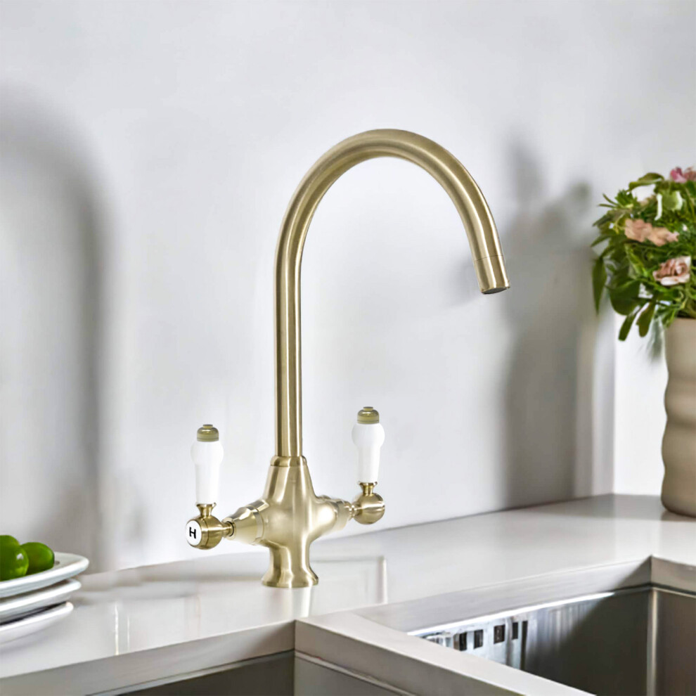 Nes Home Twin Lever Brass Kitchen Sink Mixer Mono Tap Solid Brushed Brass