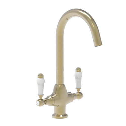 NES Home Nes Home Twin Lever Brass Kitchen Sink Mixer Mono Tap Solid Brushed Brass 2