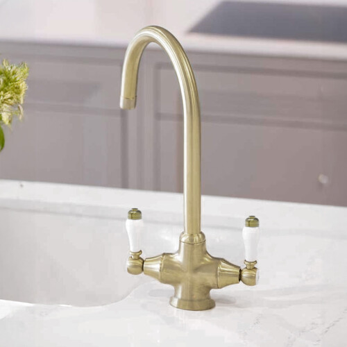 NES Home Nes Home Twin Lever Brass Kitchen Sink Mixer Mono Tap Solid Brushed Brass 1
