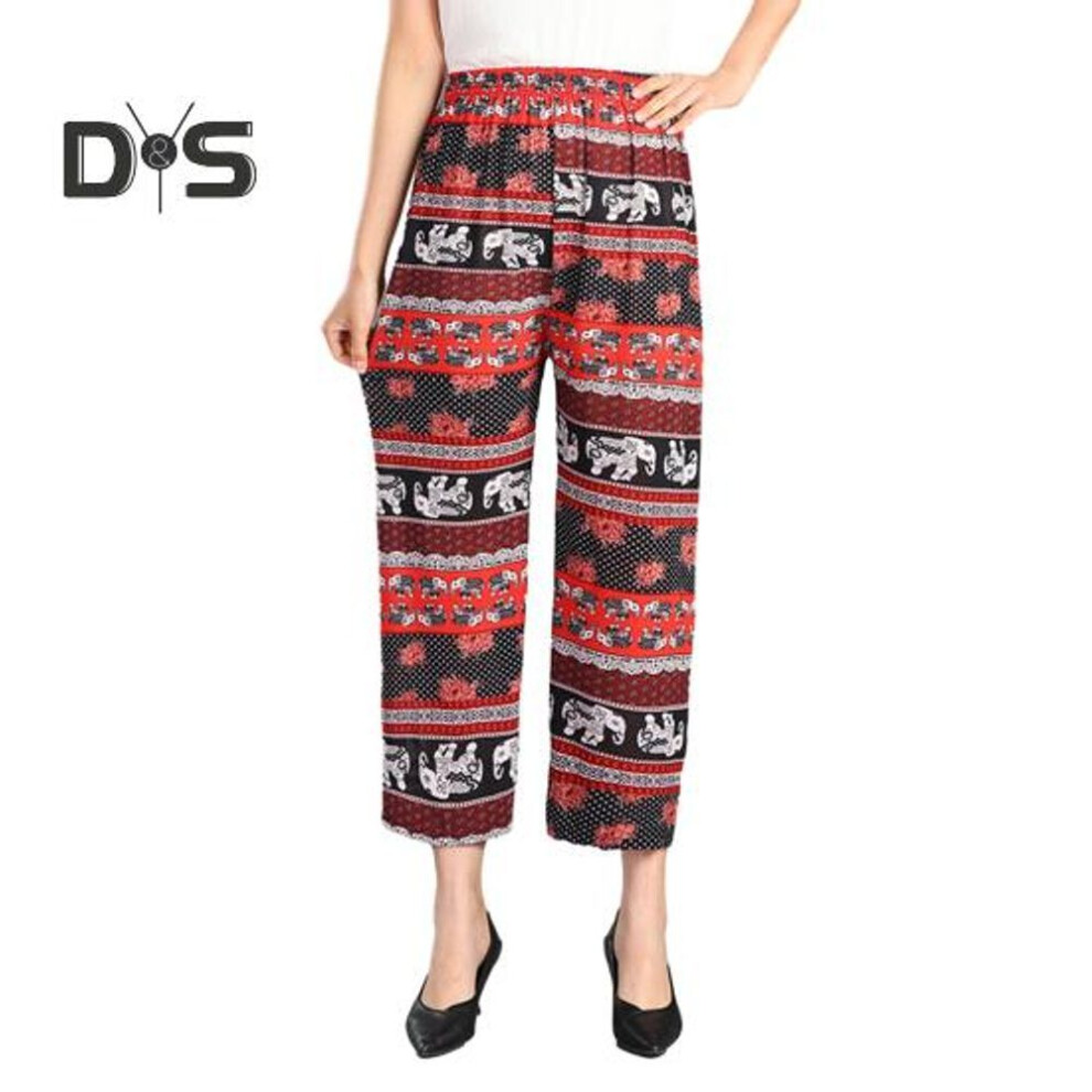 (red) Women Elephant Print Trousers Comfortable Wide Leg Pants Elastic Waist Palazzo Pants for Summer Beach Vacation Trousers