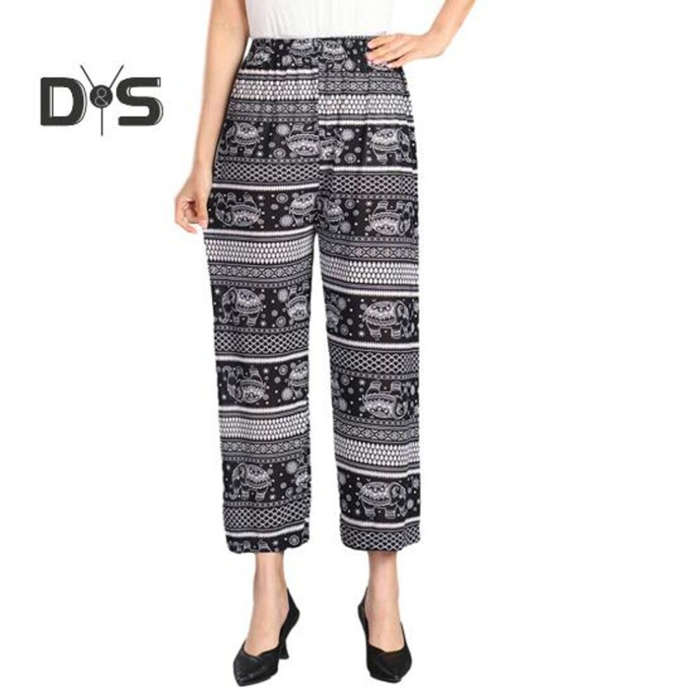 (black) Women Elephant Print Trousers Comfortable Wide Leg Pants Elastic Waist Palazzo Pants for Summer Beach Vacation Trousers